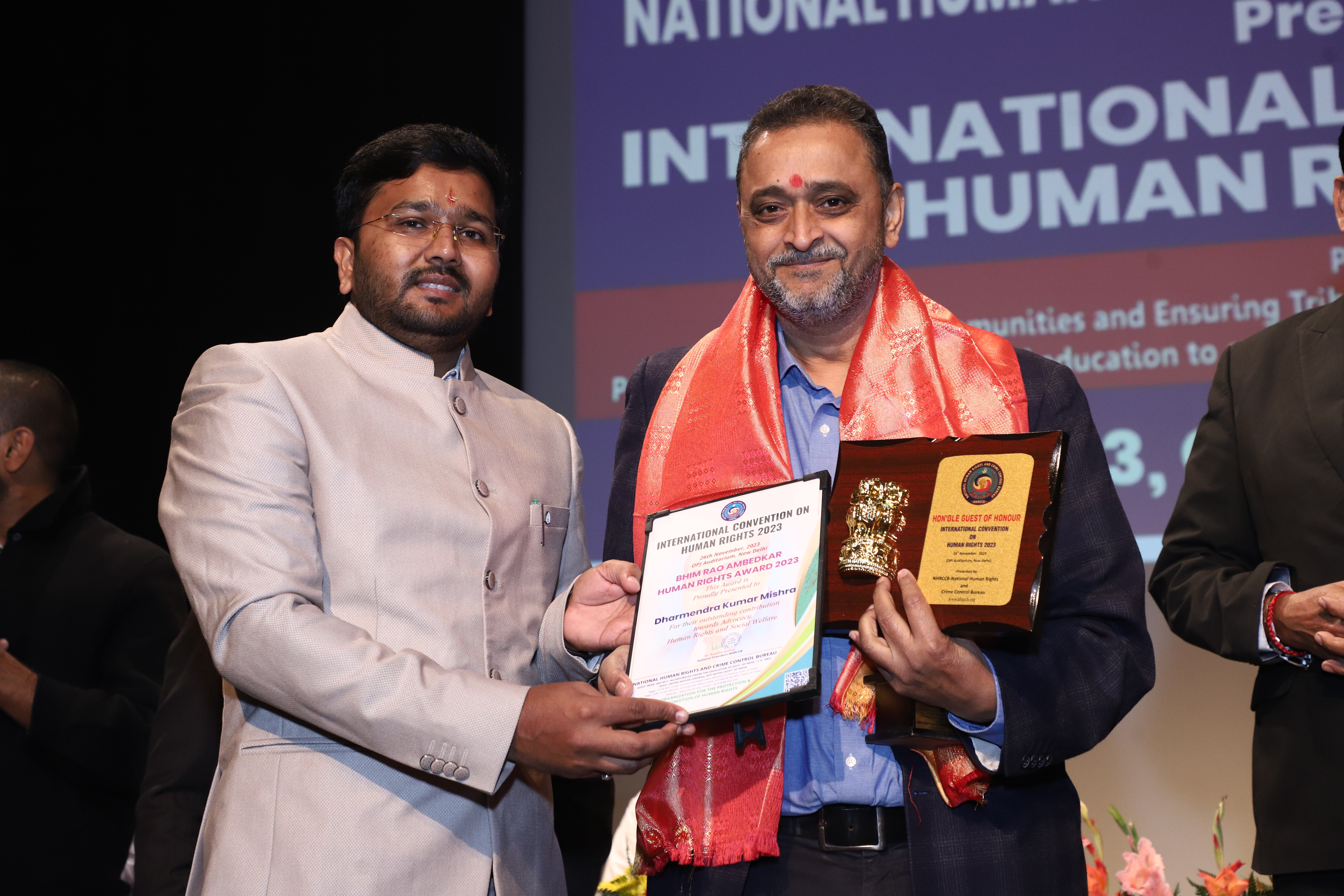 Dharmendra Kumar Mishra ,Renowned Advocate received Bhim Rao Ambedkar Human Rights 2023 during International Convention on Human Rights 2023 at OPJ Auditorium ,New Delhi.